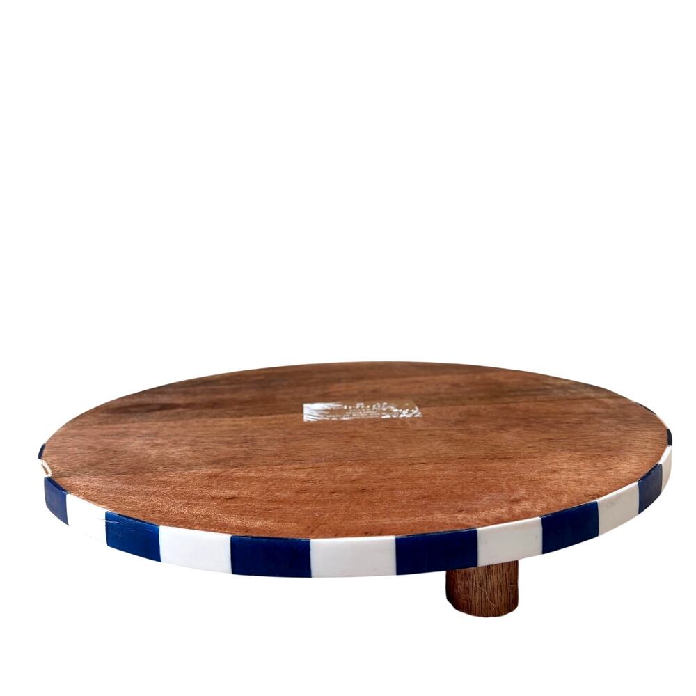 Blue & White Checkered Enameled Mango Wood Serving Tray 12in D Made In India NEW
